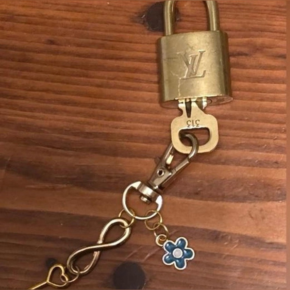 Louis Vuitton Gold Lock & Key with Blue Flower Charm #313